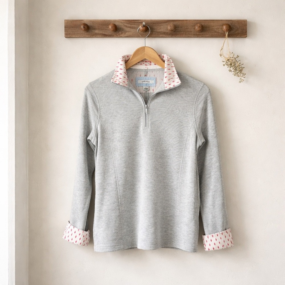 Orvis Women Quarter Zip Pullover Heather Gray Leaf Print‎ Trim Size S